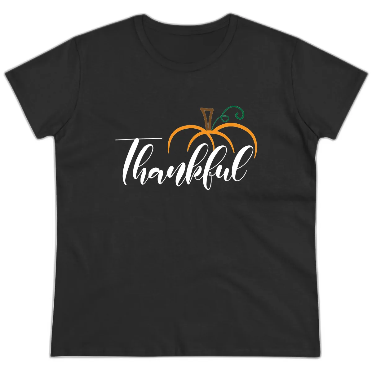 Simple Thankful Pumpkin Design Ladies Tee in Black