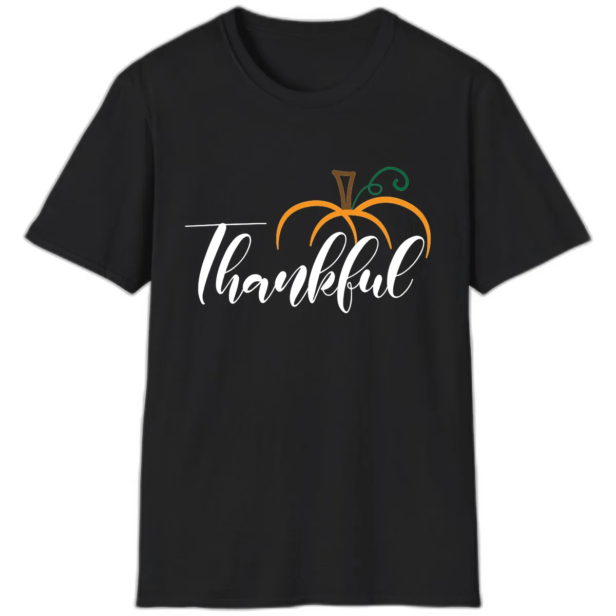 Simple Thankful Pumpkin Design T-Shirt in Black
