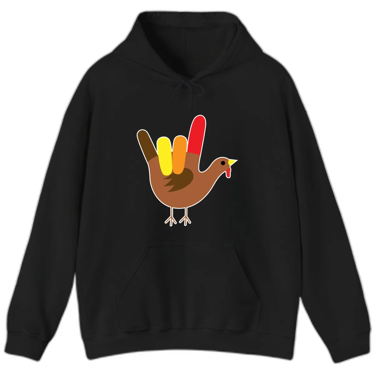 Turkey Hand Sign Thanksgiving Illustration Hoodie in Black