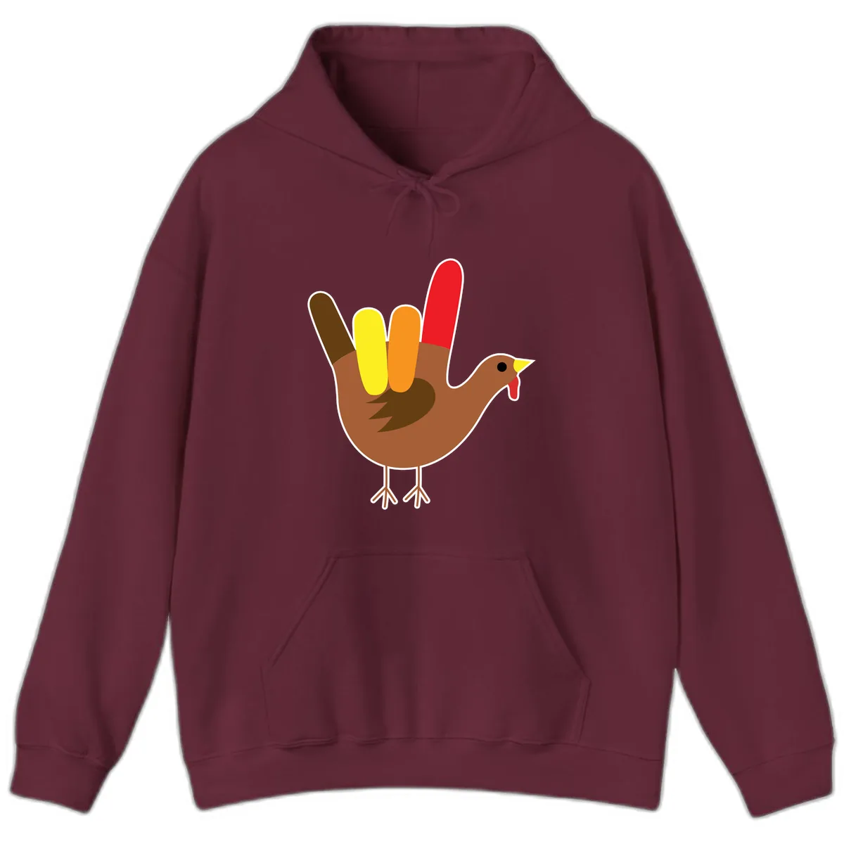 Turkey Hand Sign Thanksgiving Illustration Hoodie in Maroon