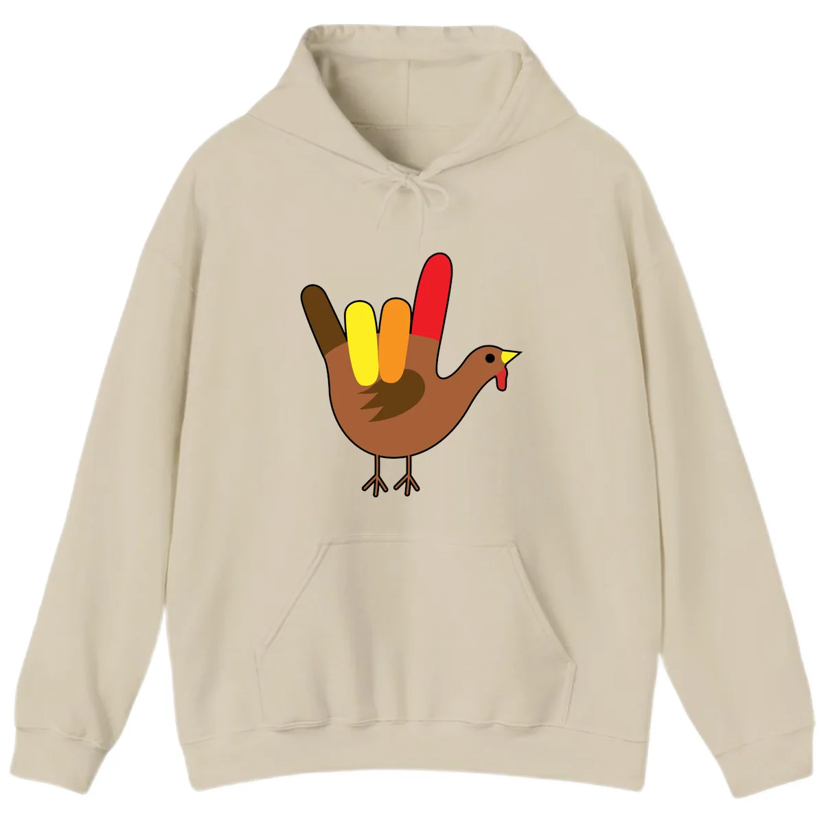 Turkey Hand Sign Thanksgiving Illustration Hoodie in Sand