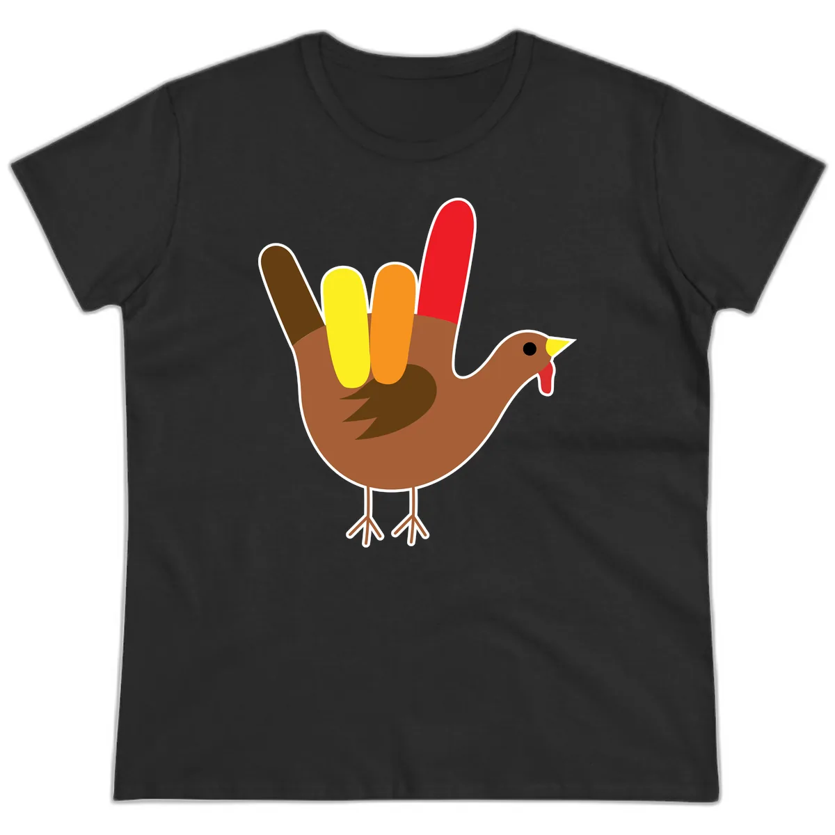 Turkey Hand Sign Thanksgiving Illustration Ladies Tee in Black