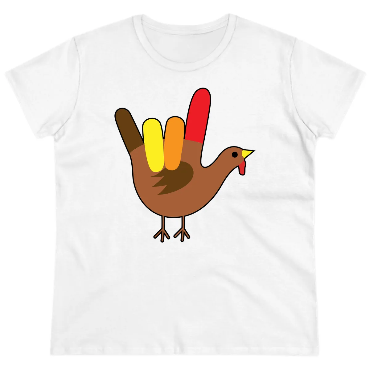 Turkey Hand Sign Thanksgiving Illustration Ladies Tee in White