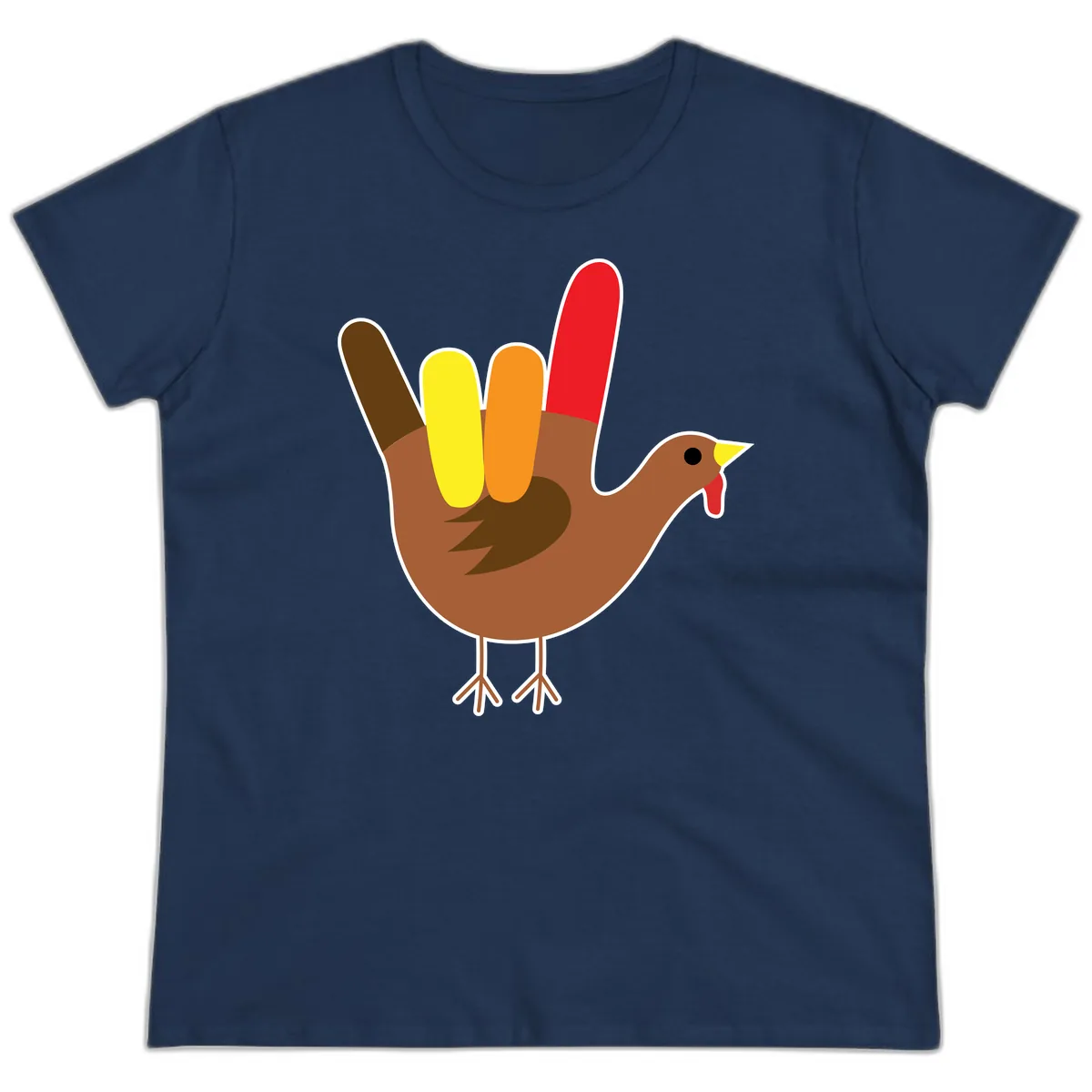Turkey Hand Sign Thanksgiving Illustration Ladies Tee in Navy