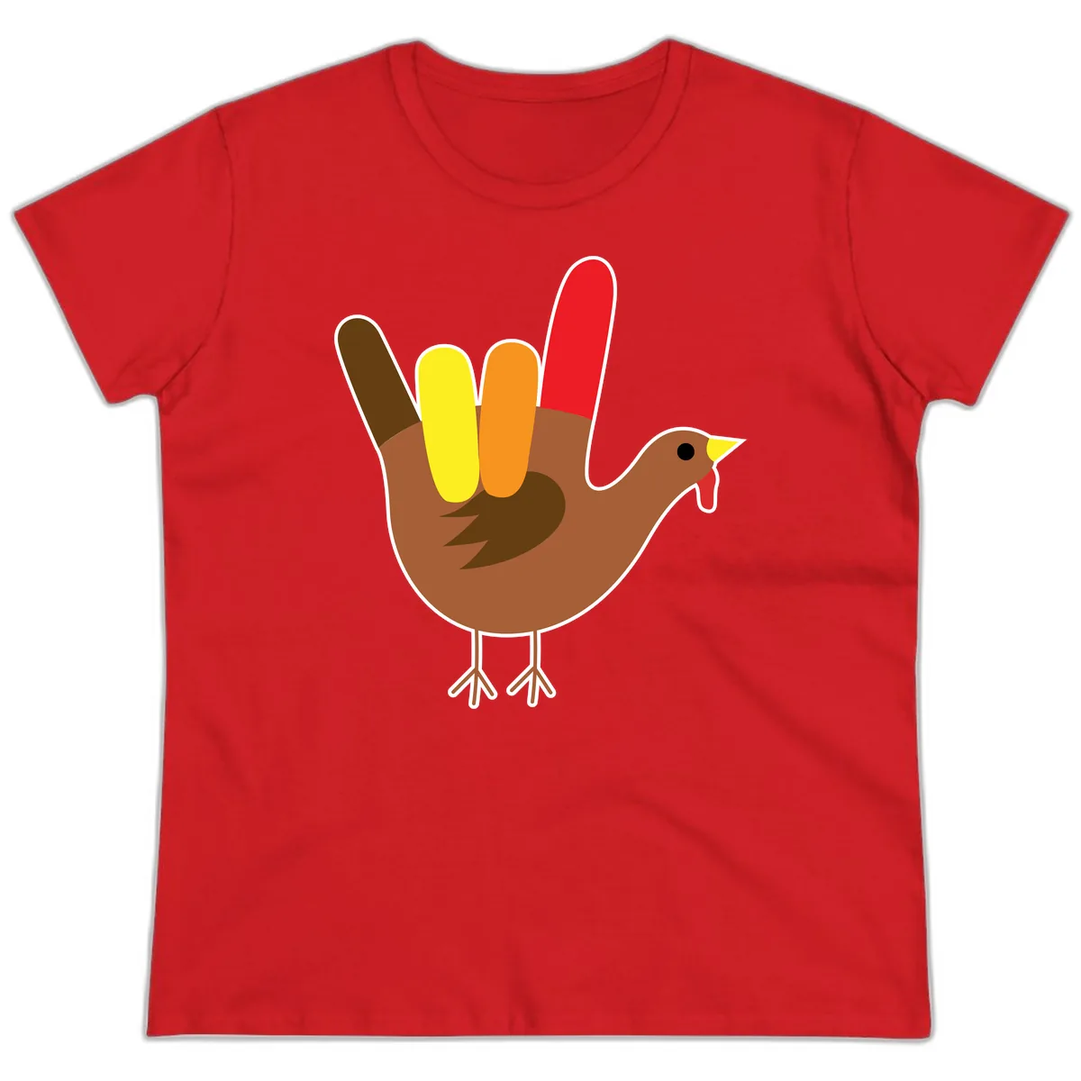 Turkey Hand Sign Thanksgiving Illustration Ladies Tee in Red