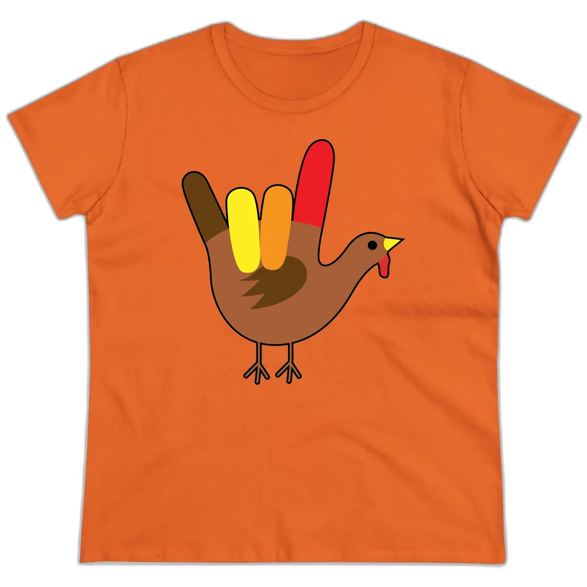 Turkey Hand Sign Thanksgiving Illustration Ladies Tee in Orange