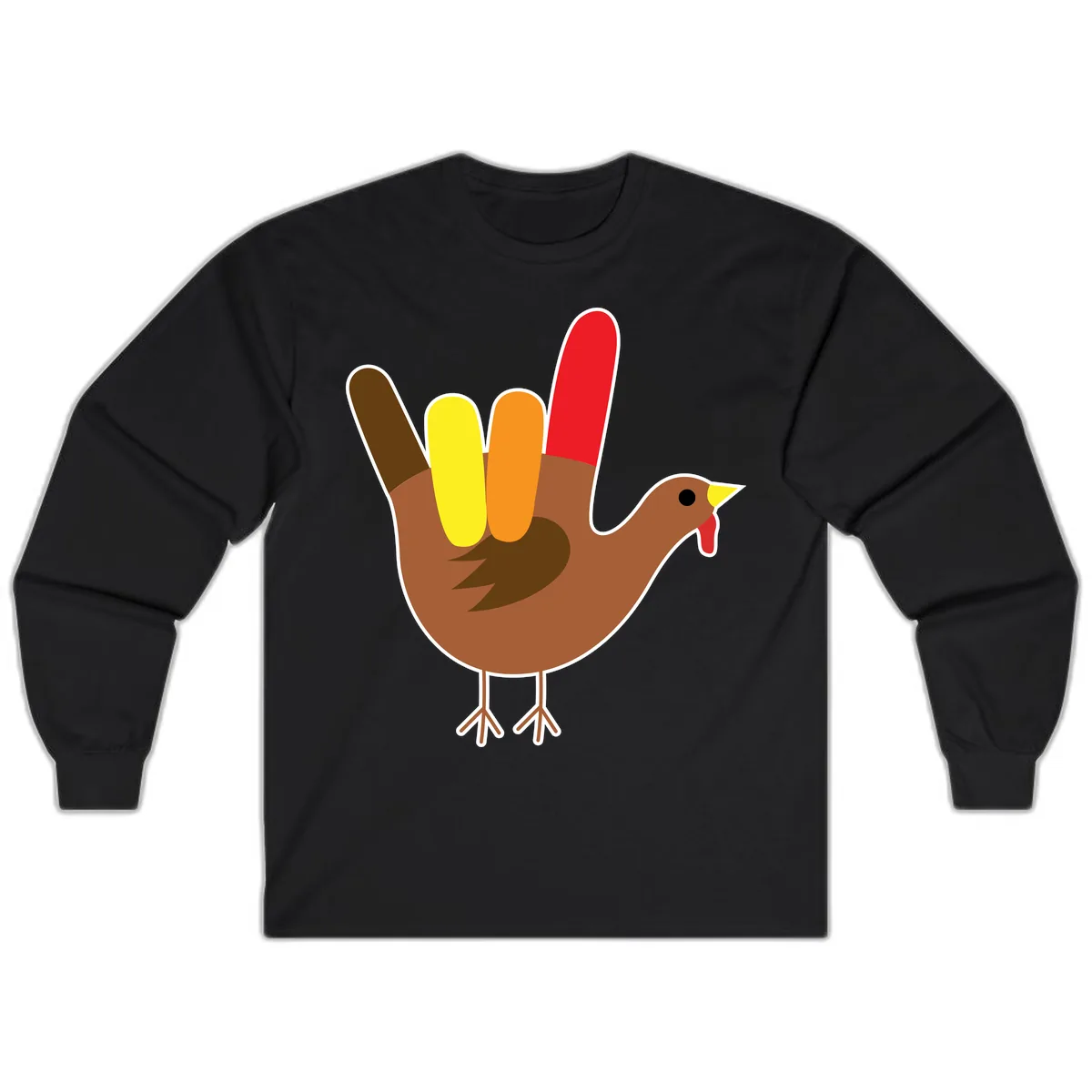 Turkey Hand Sign Thanksgiving Illustration Long Sleeve in Black