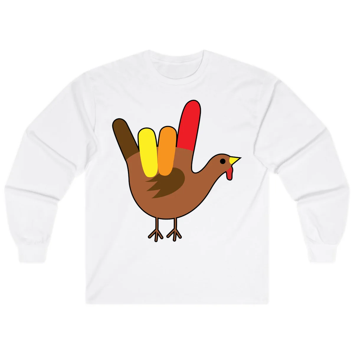 Turkey Hand Sign Thanksgiving Illustration Long Sleeve in White