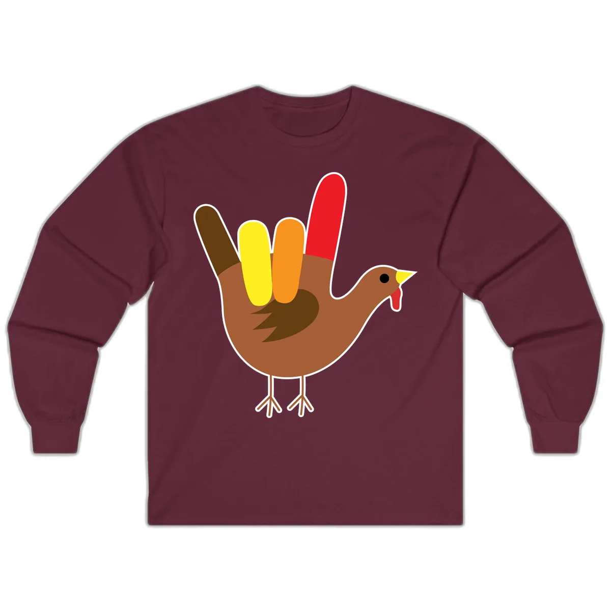 Turkey Hand Sign Thanksgiving Illustration Long Sleeve in Maroon