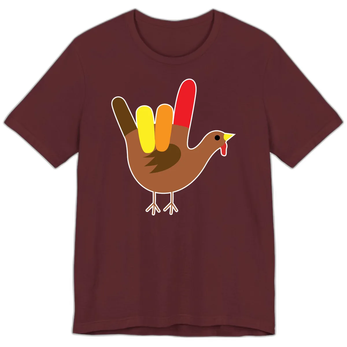 Turkey Hand Sign Thanksgiving Illustration Premium T-Shirt in Maroon
