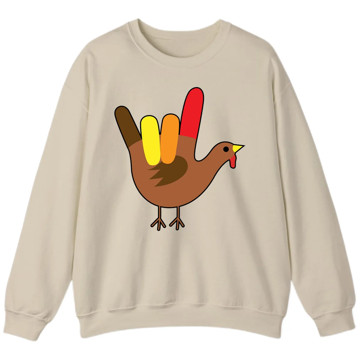 Turkey Hand Sign Thanksgiving Illustration Sweatshirt in Sand