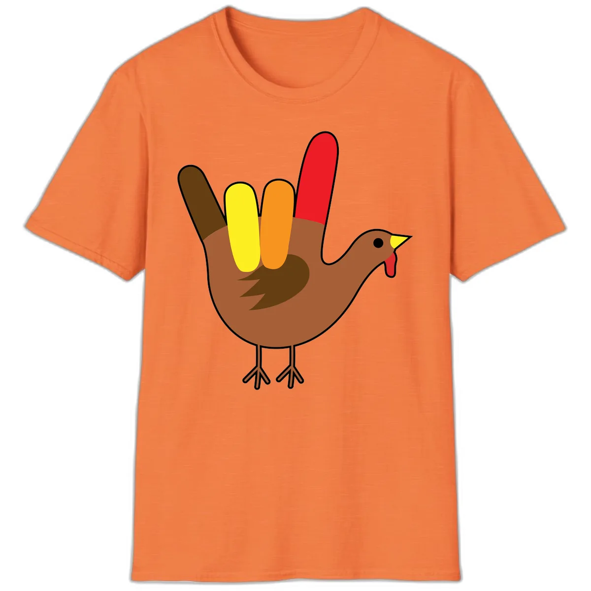Turkey Hand Sign Thanksgiving Illustration T-Shirt in Heather Orange