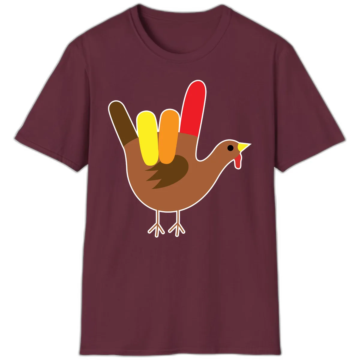 Turkey Hand Sign Thanksgiving Illustration T-Shirt in Maroon
