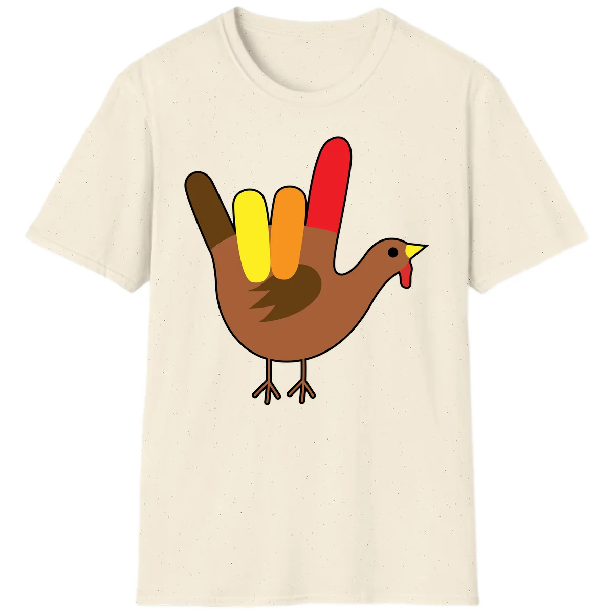 Turkey Hand Sign Thanksgiving Illustration T-Shirt in Natural