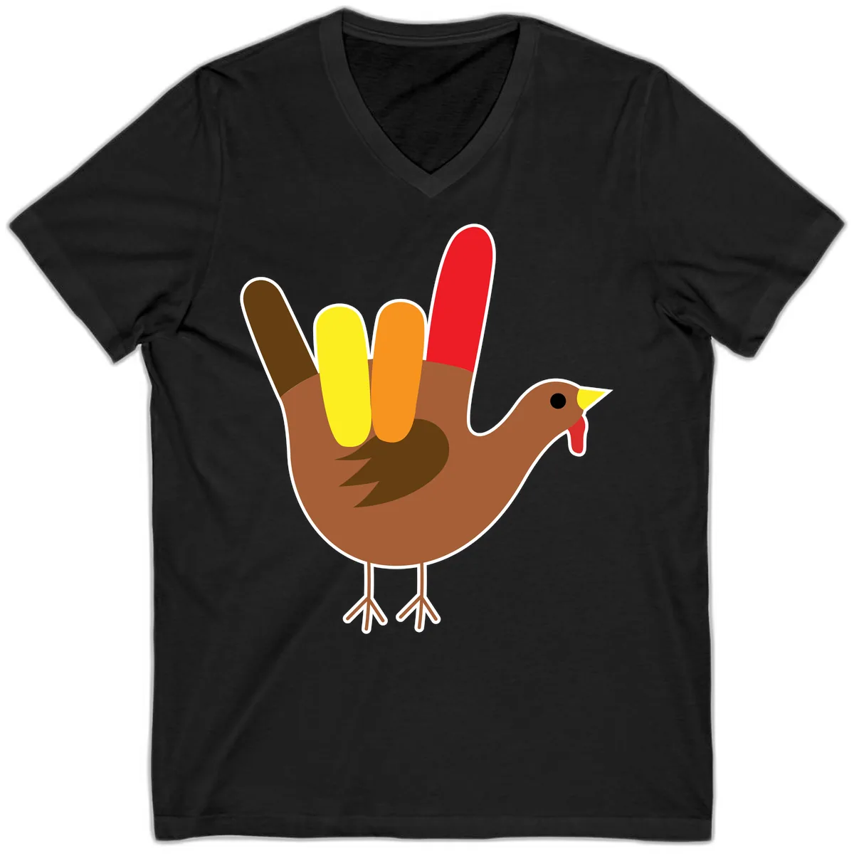 Turkey Hand Sign Thanksgiving Illustration V-Neck in Black