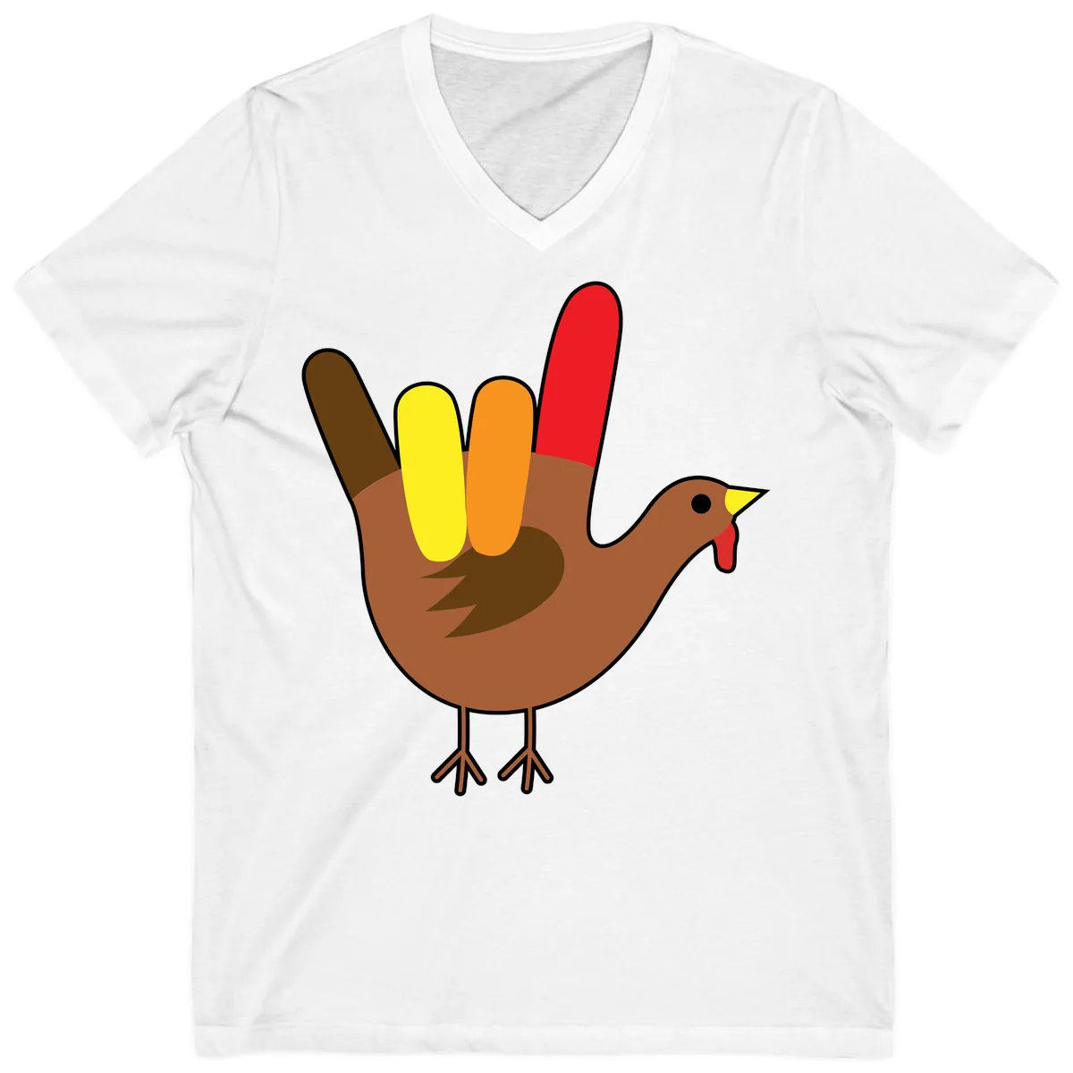 Turkey Hand Sign Thanksgiving Illustration V-Neck in White