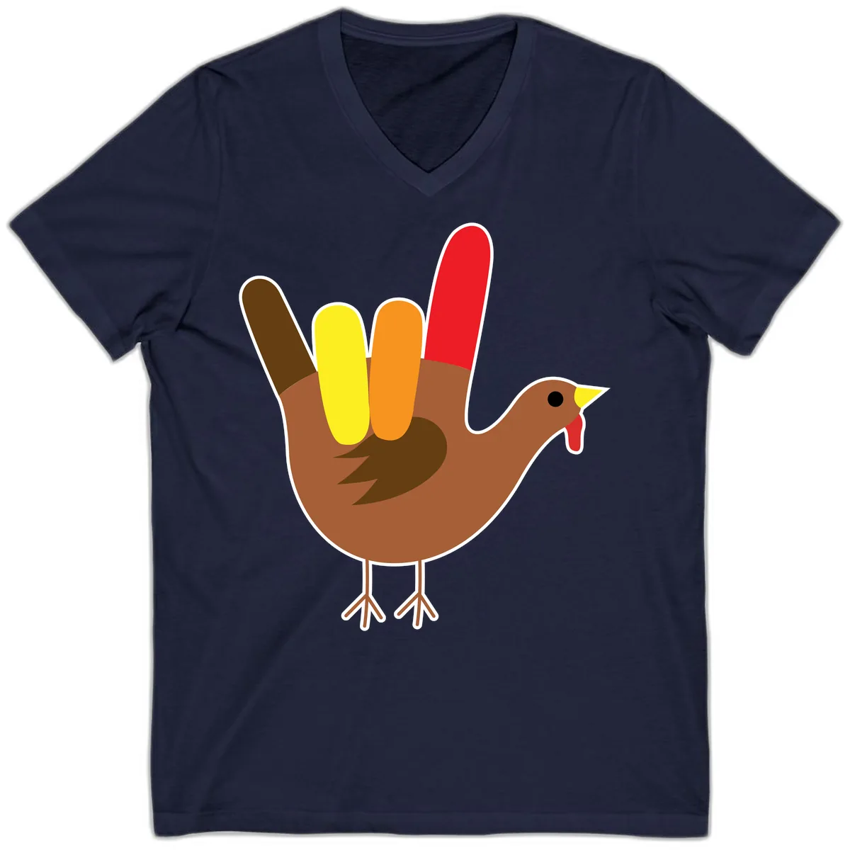 Turkey Hand Sign Thanksgiving Illustration V-Neck in Navy