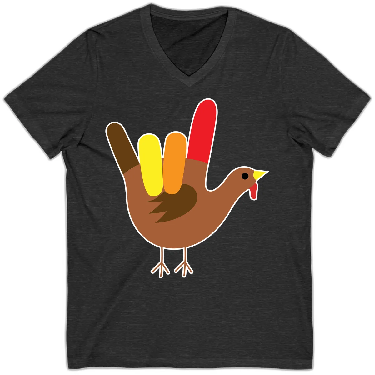 Turkey Hand Sign Thanksgiving Illustration V-Neck in Dark Grey Heather