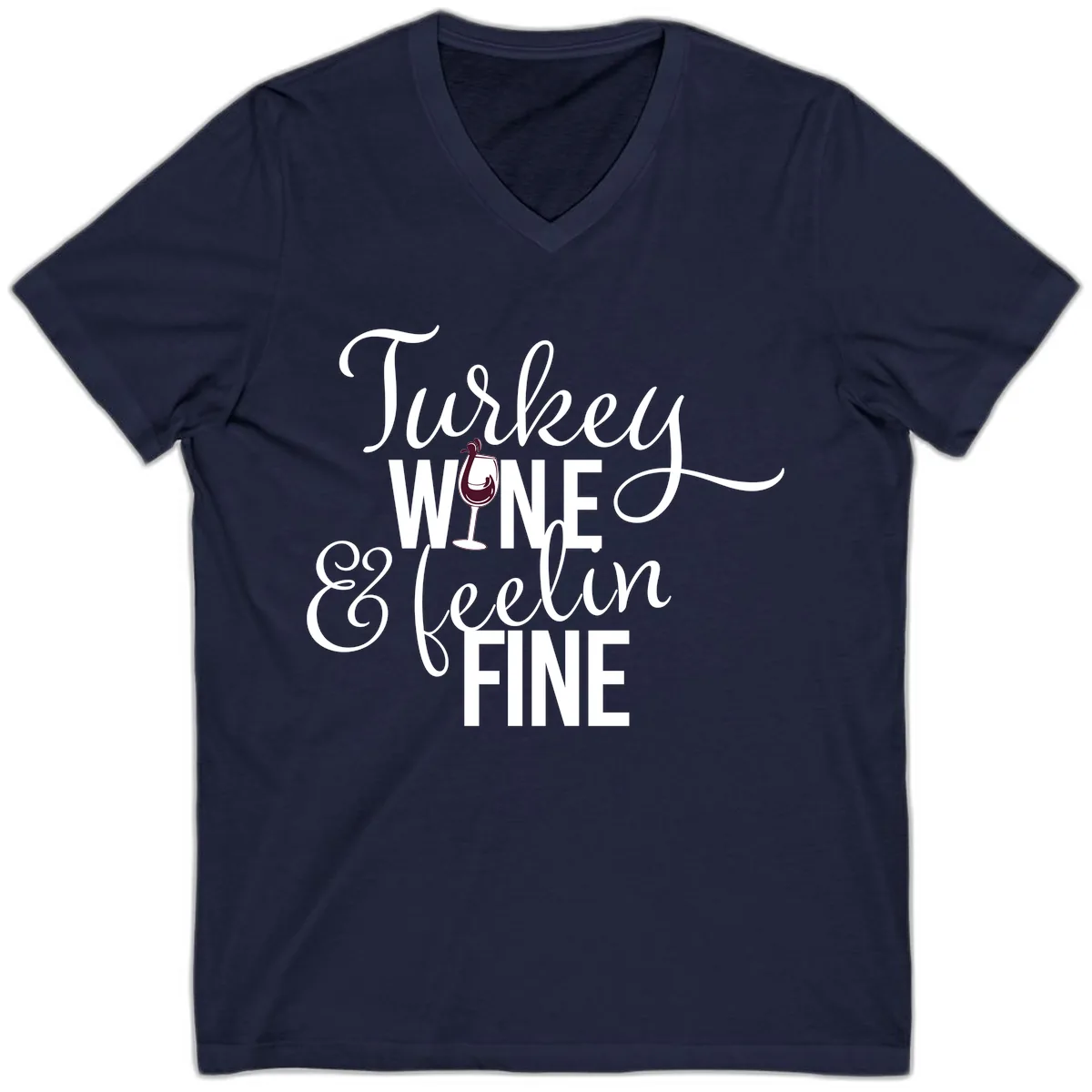 Turkey Wine Feelin Fine Thanksgiving V-Neck in Navy