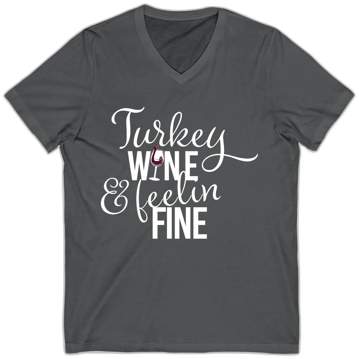 Turkey Wine Feelin Fine Thanksgiving V-Neck in Asphalt