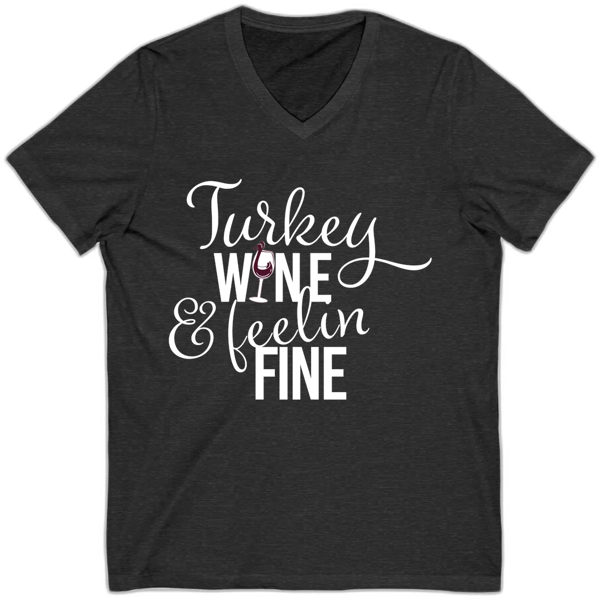 Turkey Wine Feelin Fine Thanksgiving V-Neck in Dark Grey Heather