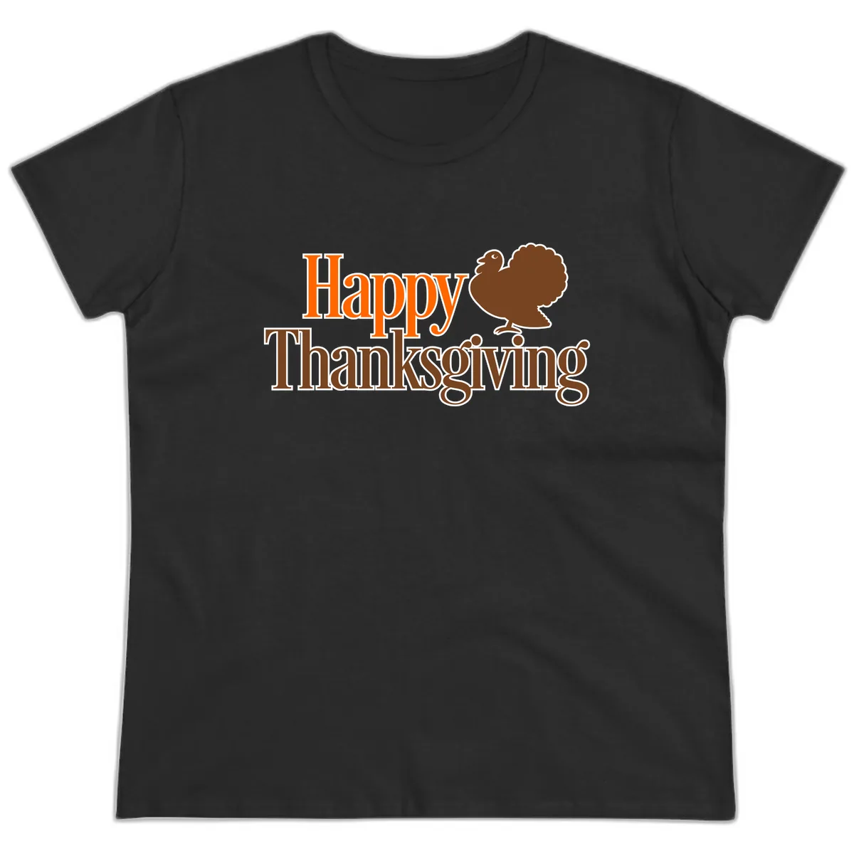 Happy Thanksgiving Turkey Illustration Ladies Tee in Black