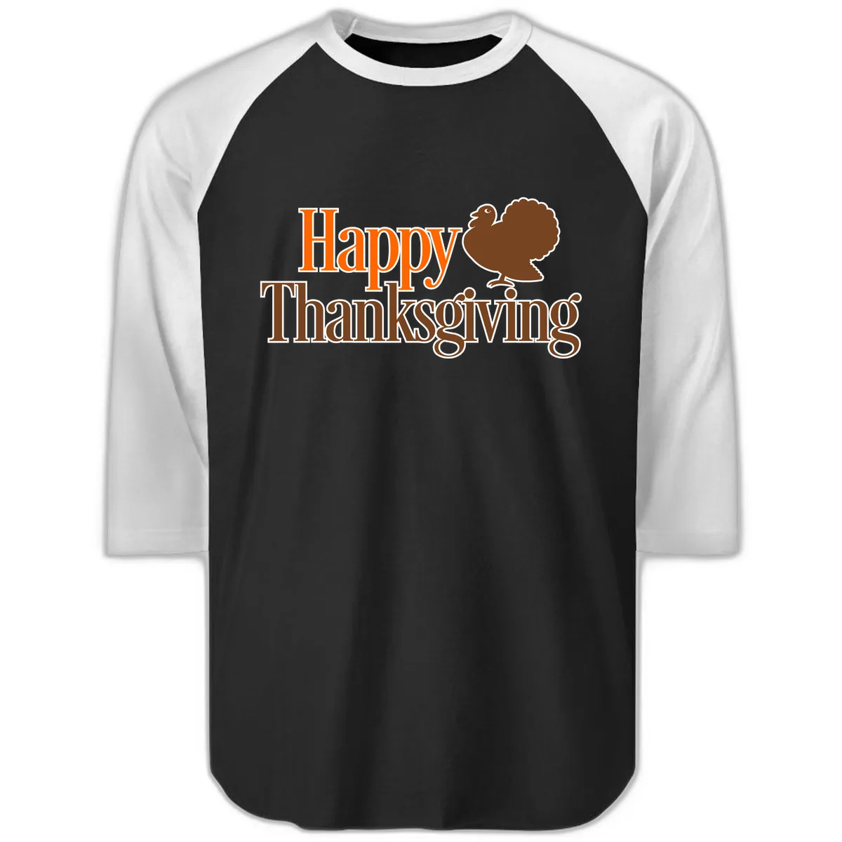 Happy Thanksgiving Turkey Illustration Raglan 3/4 in Black White