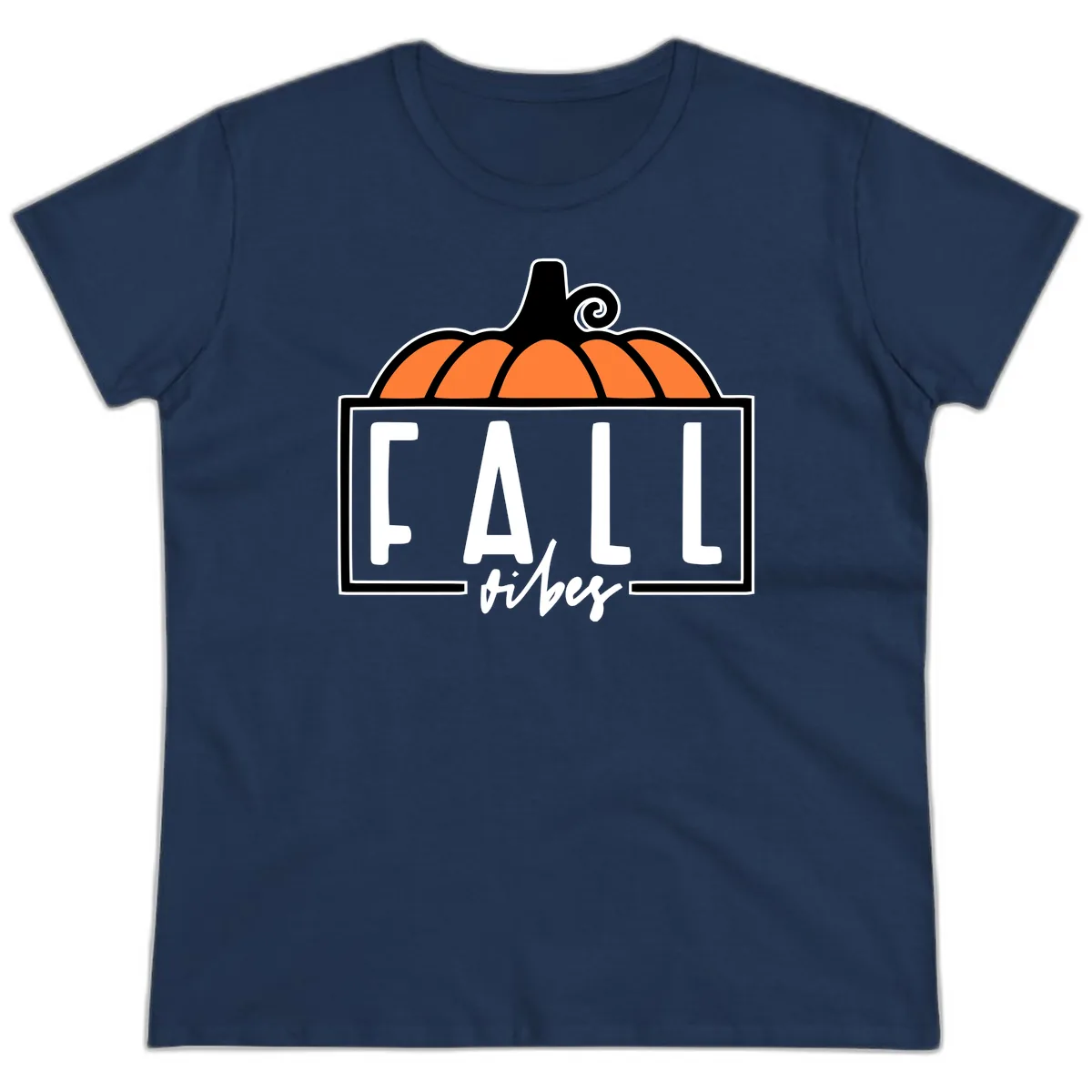 Fall Vibes Pumpkin Typography Ladies Tee in Navy