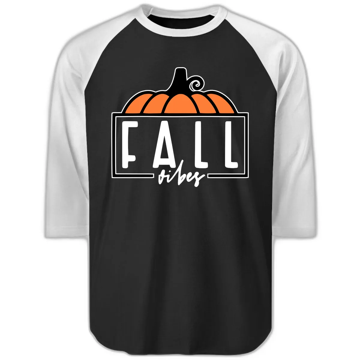 Fall Vibes Pumpkin Typography Raglan 3/4 in Black White