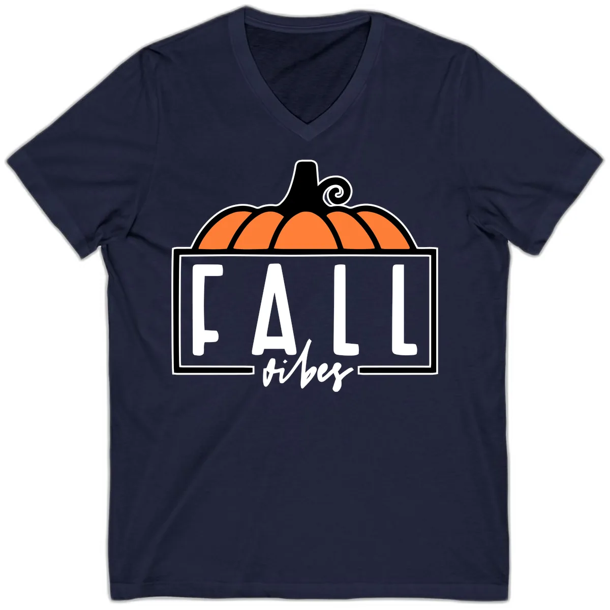 Fall Vibes Pumpkin Typography V-Neck in Navy