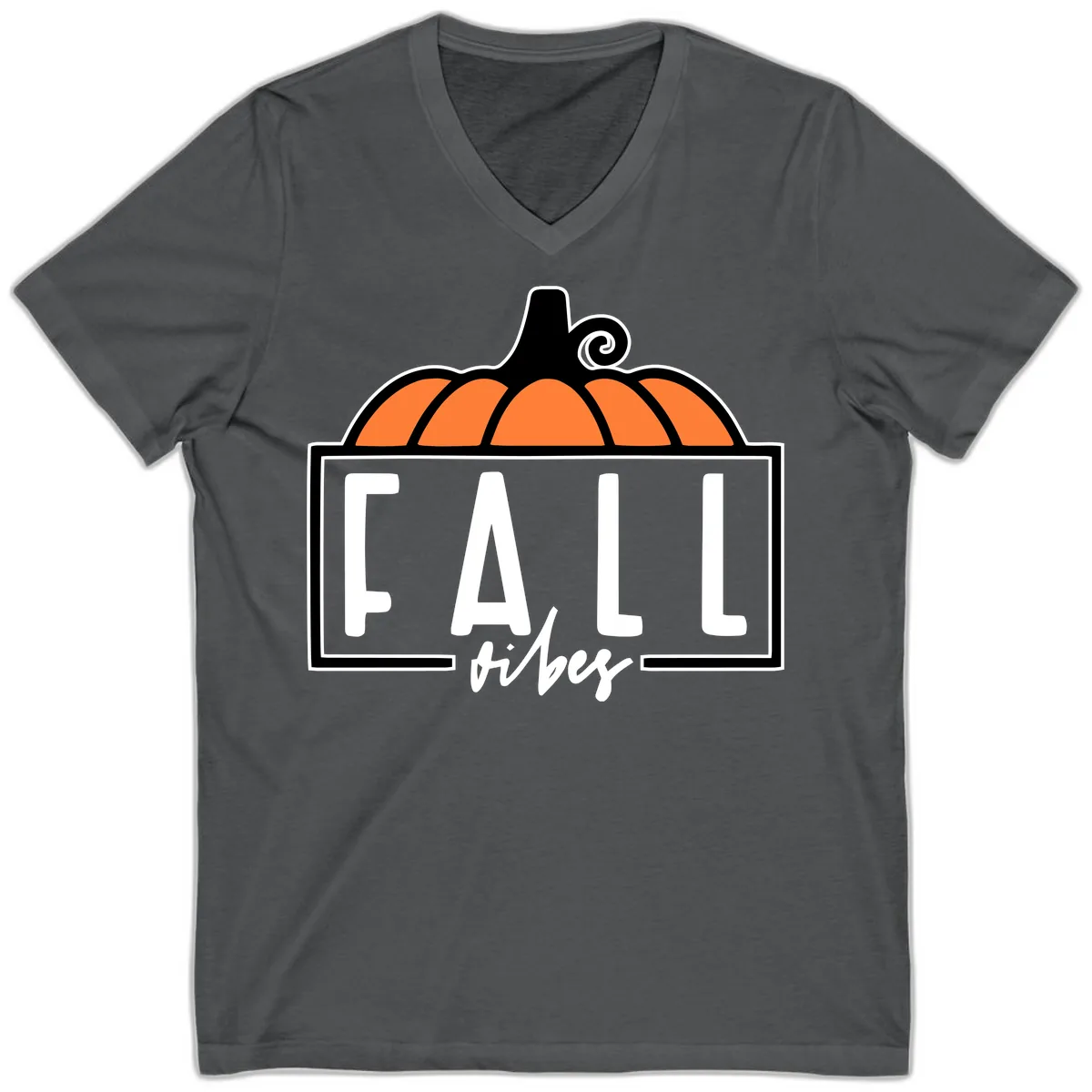 Fall Vibes Pumpkin Typography V-Neck in Asphalt