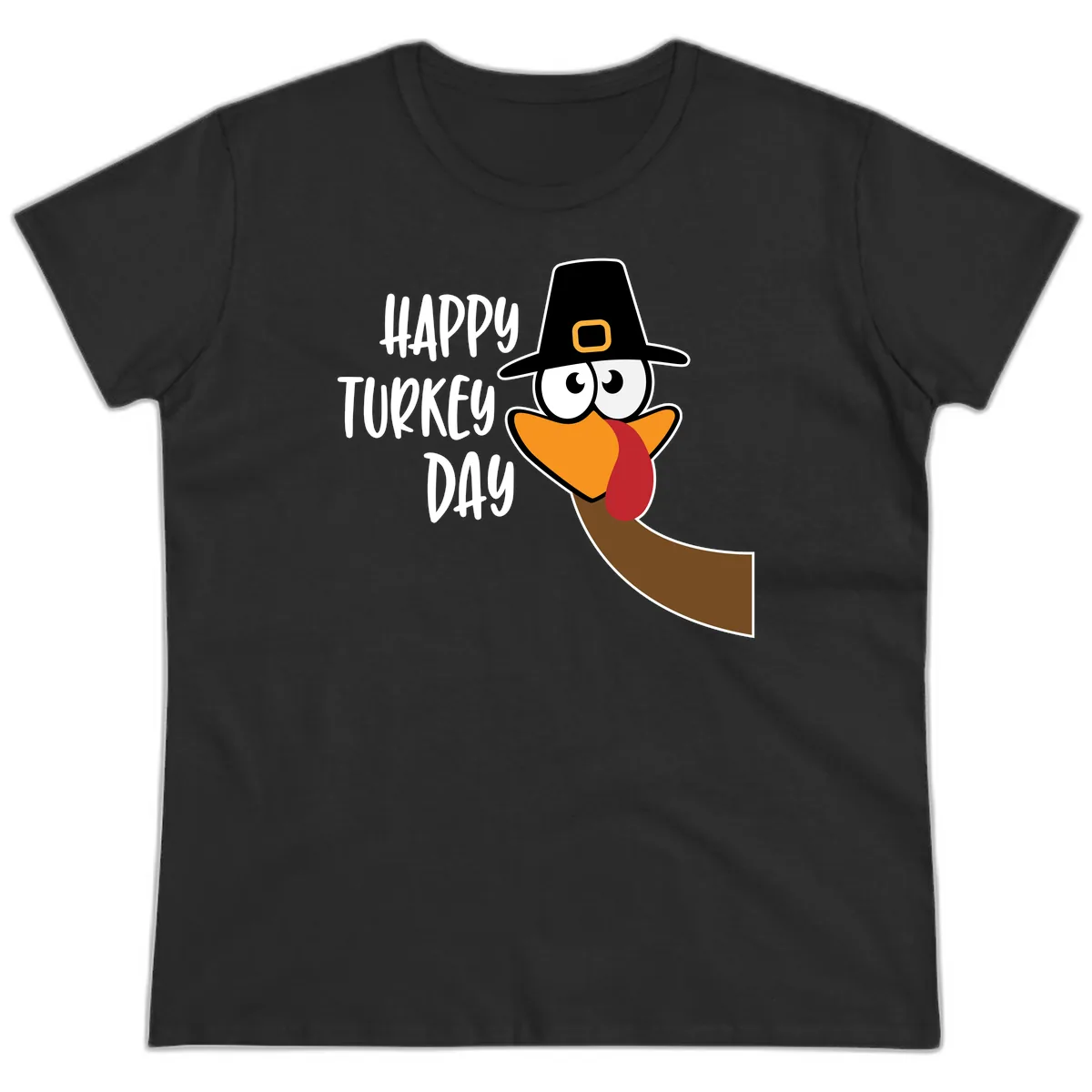 Happy Turkey Day Cartoon Bird Ladies Tee in Black