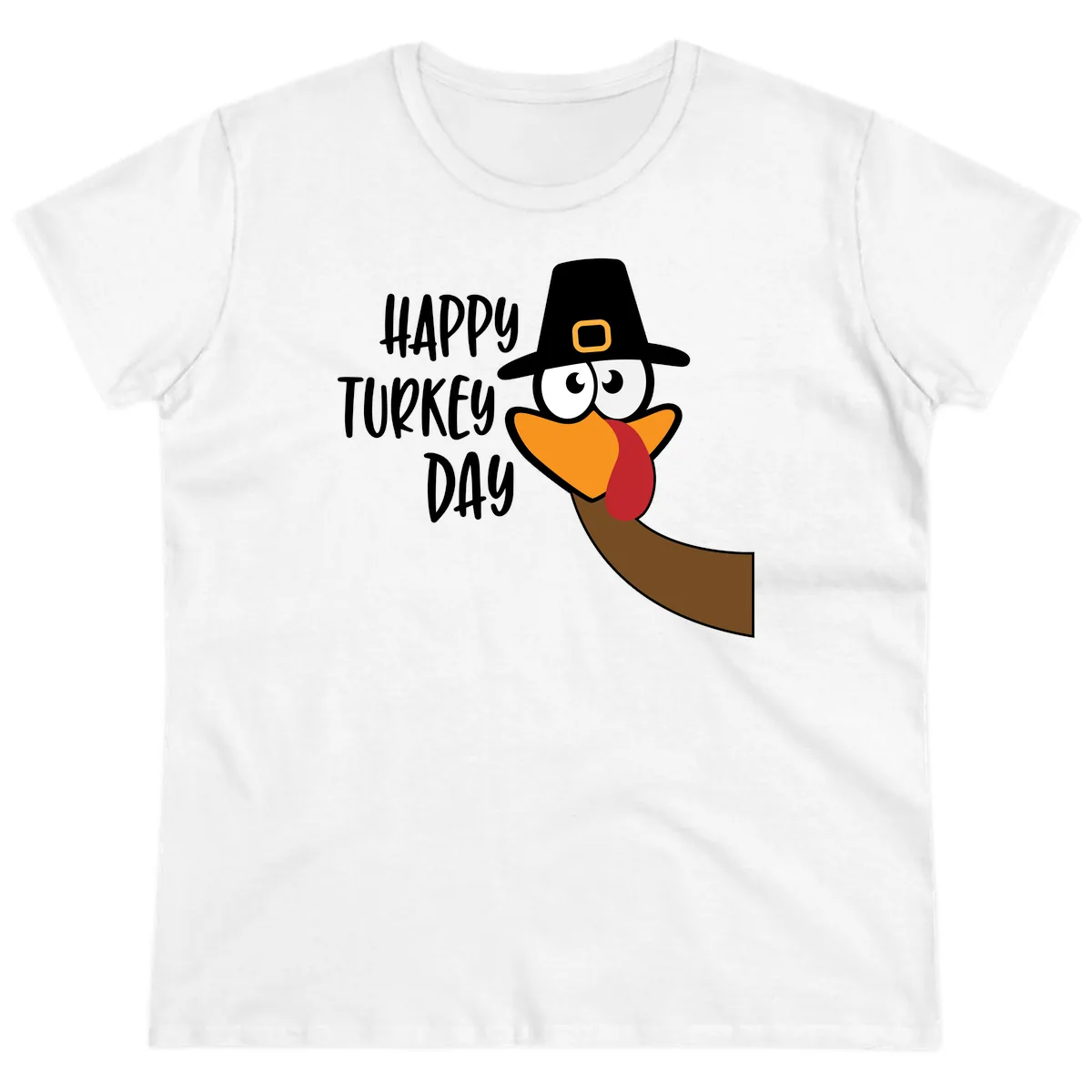 Happy Turkey Day Cartoon Bird Ladies Tee in White