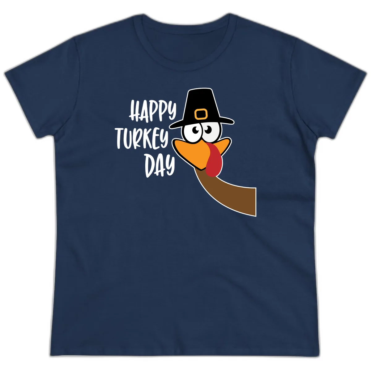 Happy Turkey Day Cartoon Bird Ladies Tee in Navy