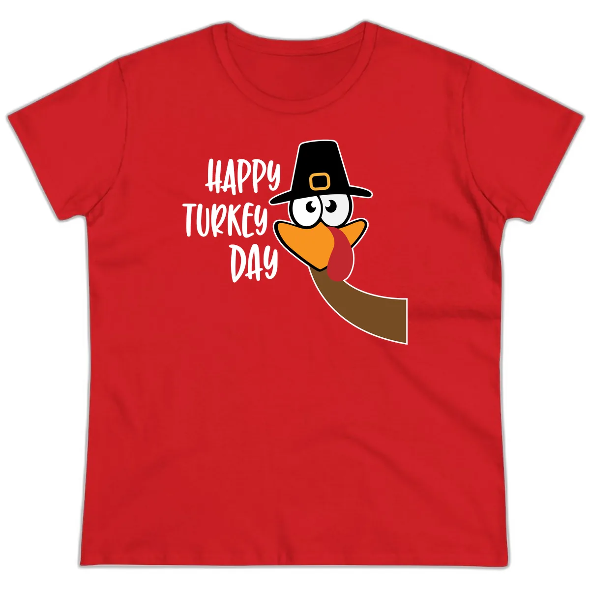 Happy Turkey Day Cartoon Bird Ladies Tee in Red