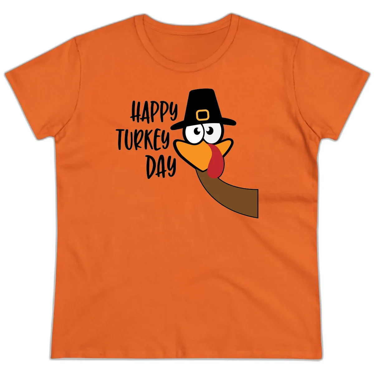 Happy Turkey Day Cartoon Bird Ladies Tee in Orange