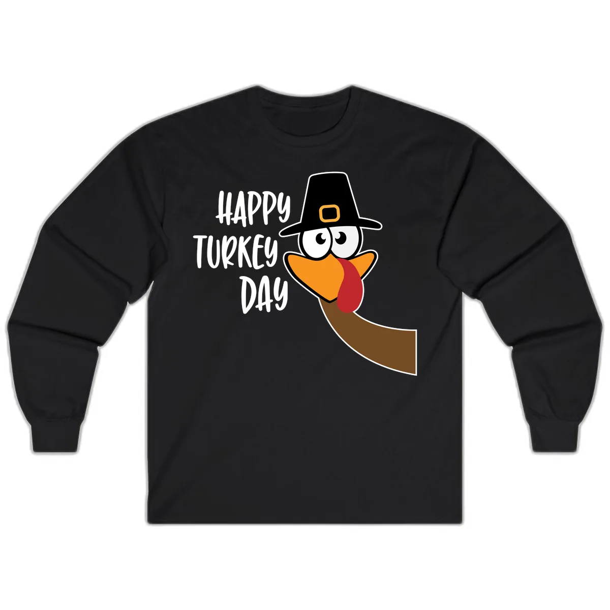 Happy Turkey Day Cartoon Bird Long Sleeve in Black