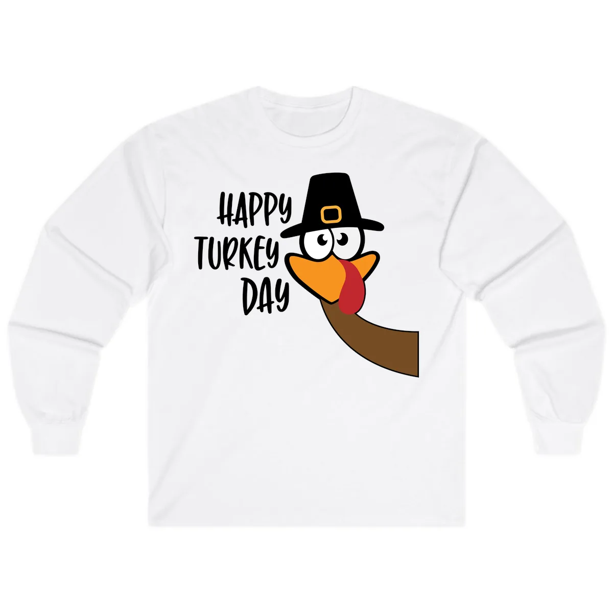 Happy Turkey Day Cartoon Bird Long Sleeve in White