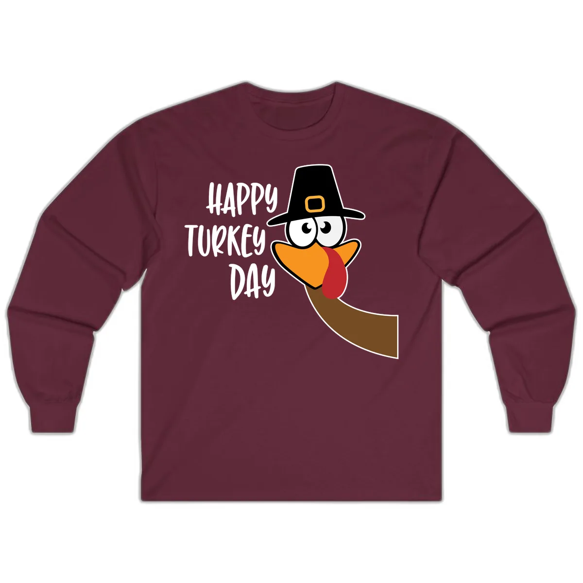 Happy Turkey Day Cartoon Bird Long Sleeve in Maroon
