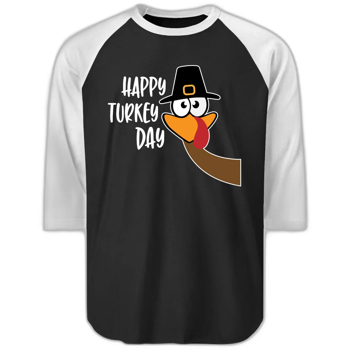 Happy Turkey Day Cartoon Bird Raglan 3/4 in Black White