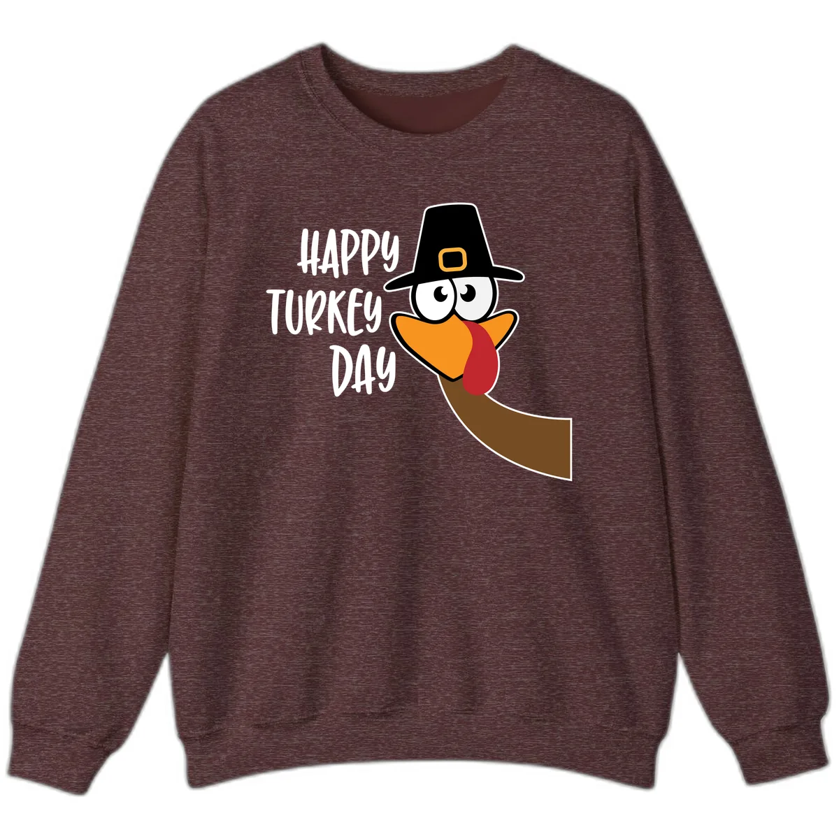 Happy Turkey Day Cartoon Bird Sweatshirt in Heather Sport Dark Maroon