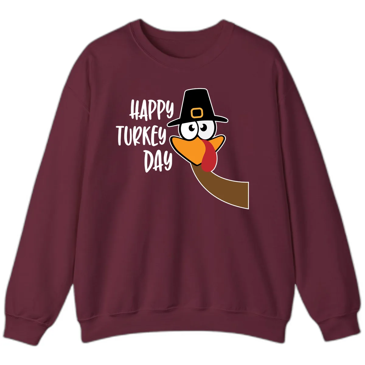 Happy Turkey Day Cartoon Bird Sweatshirt in Maroon