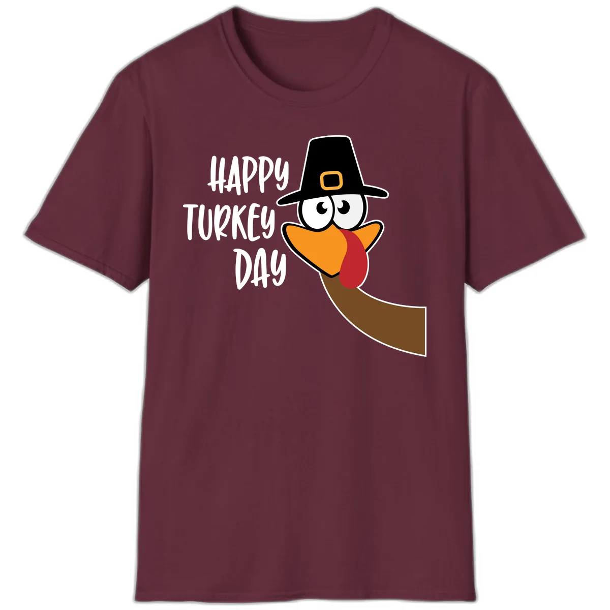 Happy Turkey Day Cartoon Bird T-Shirt in Maroon
