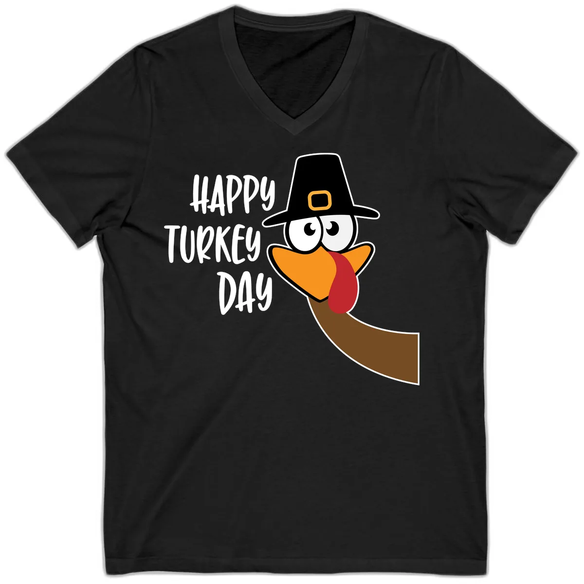 Happy Turkey Day Cartoon Bird V-Neck in Black