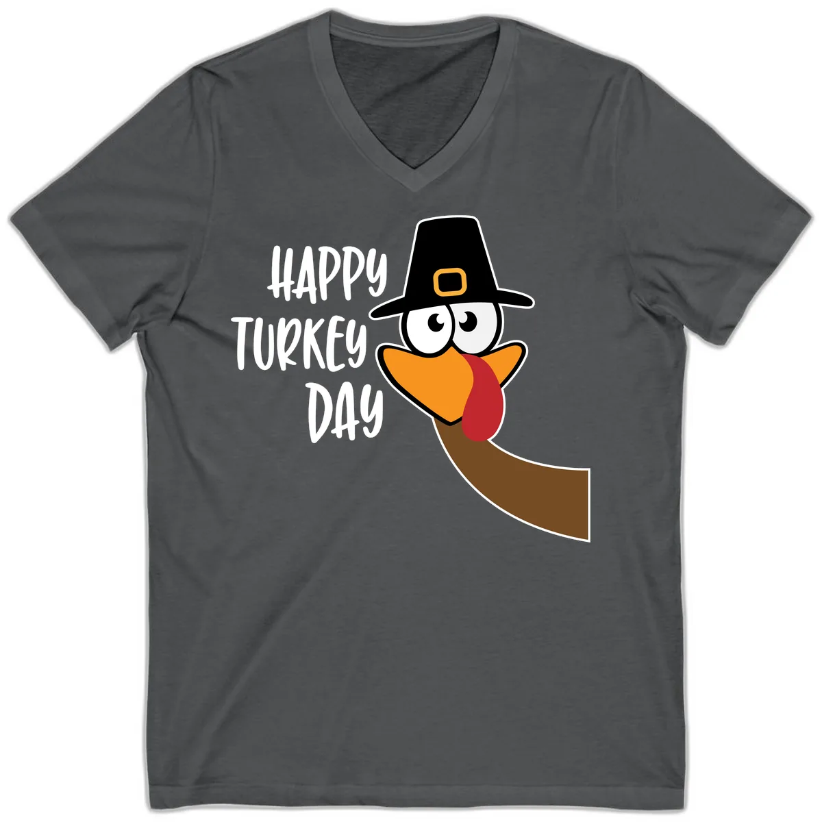 Happy Turkey Day Cartoon Bird V-Neck in Asphalt