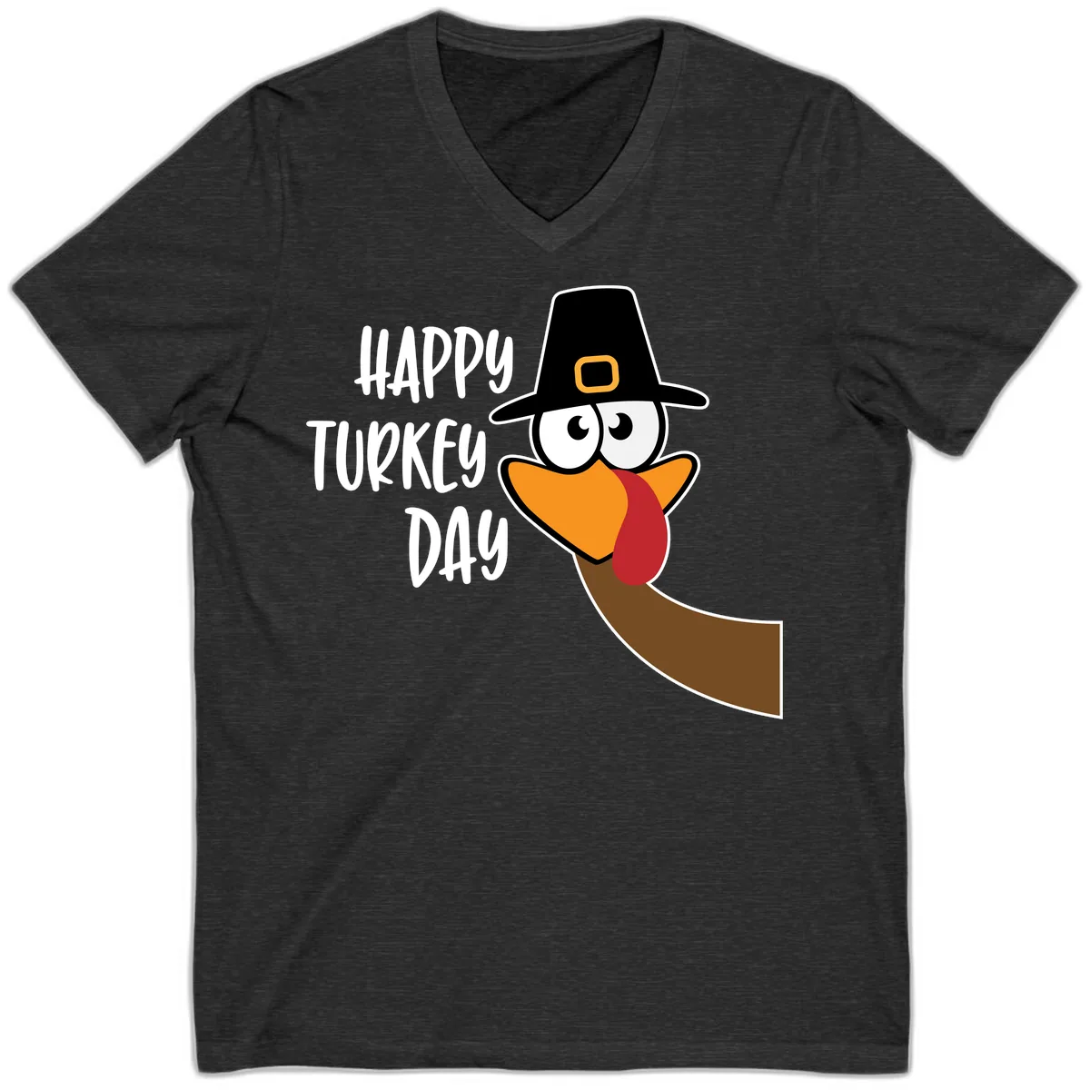 Happy Turkey Day Cartoon Bird V-Neck in Dark Grey Heather