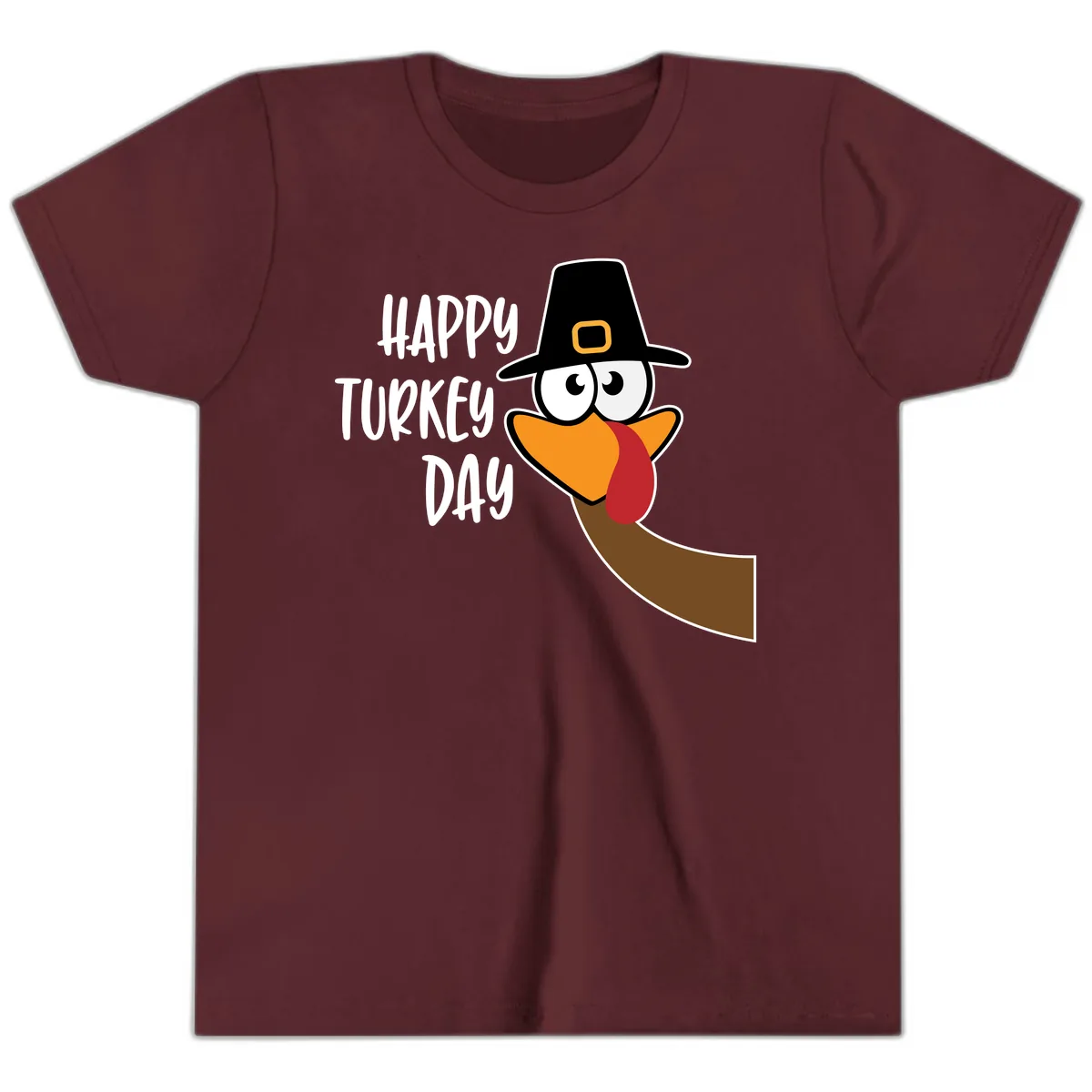 Happy Turkey Day Cartoon Bird Youth T-Shirt in Maroon