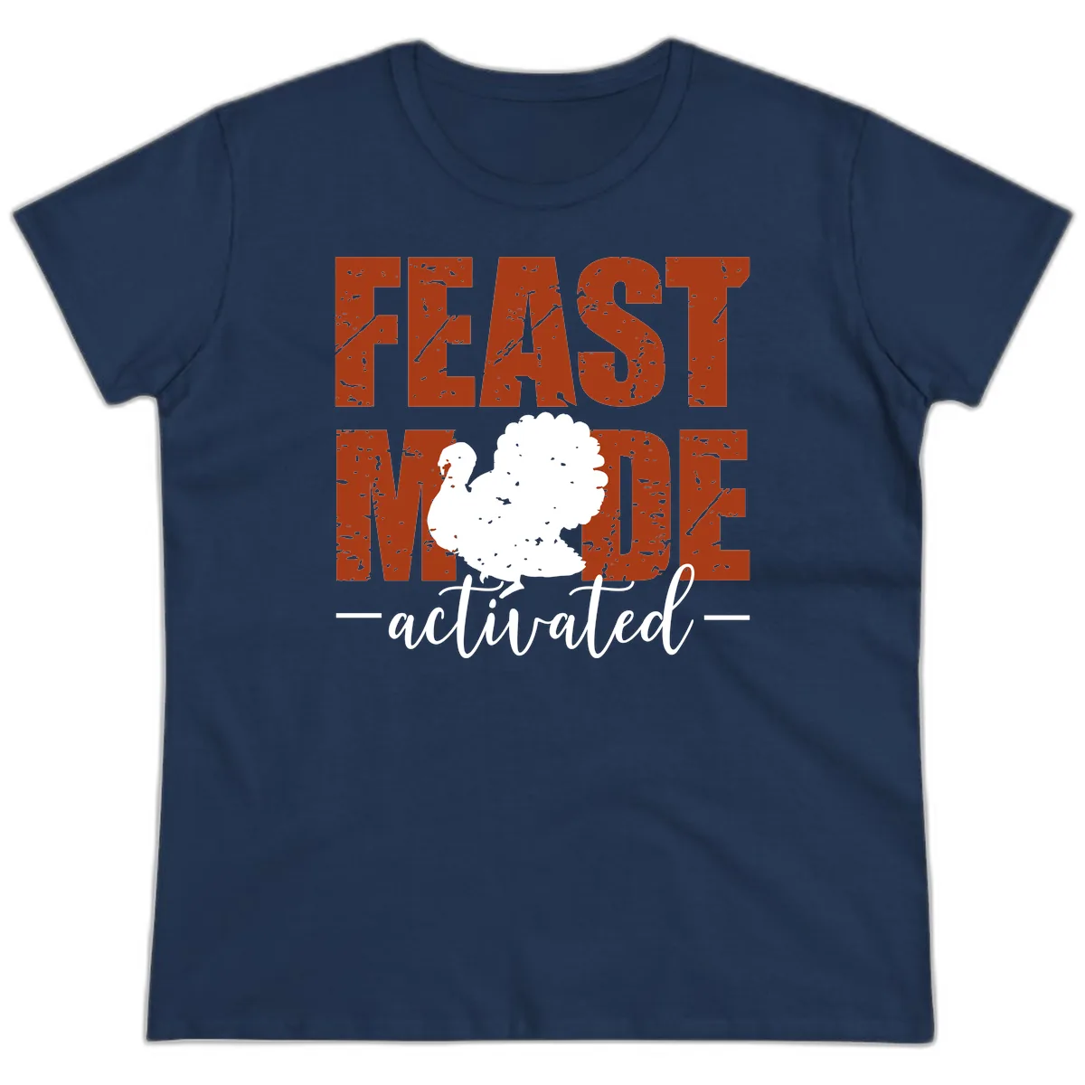 Feast Mode Activated Turkey Design Ladies Tee in Navy