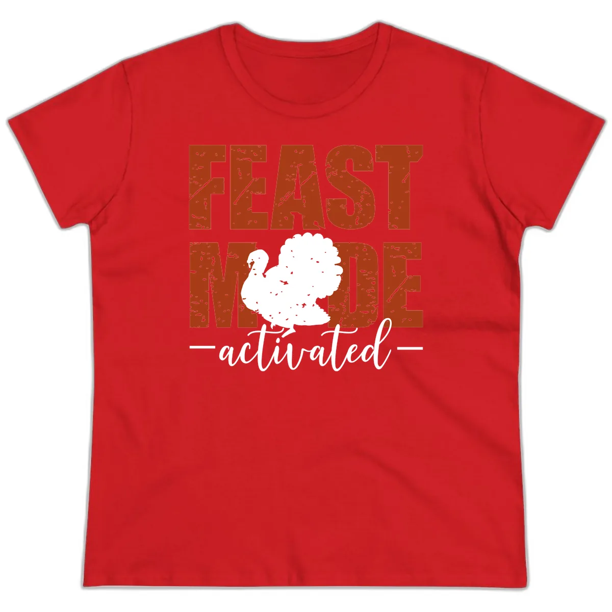Feast Mode Activated Turkey Design Ladies Tee in Red