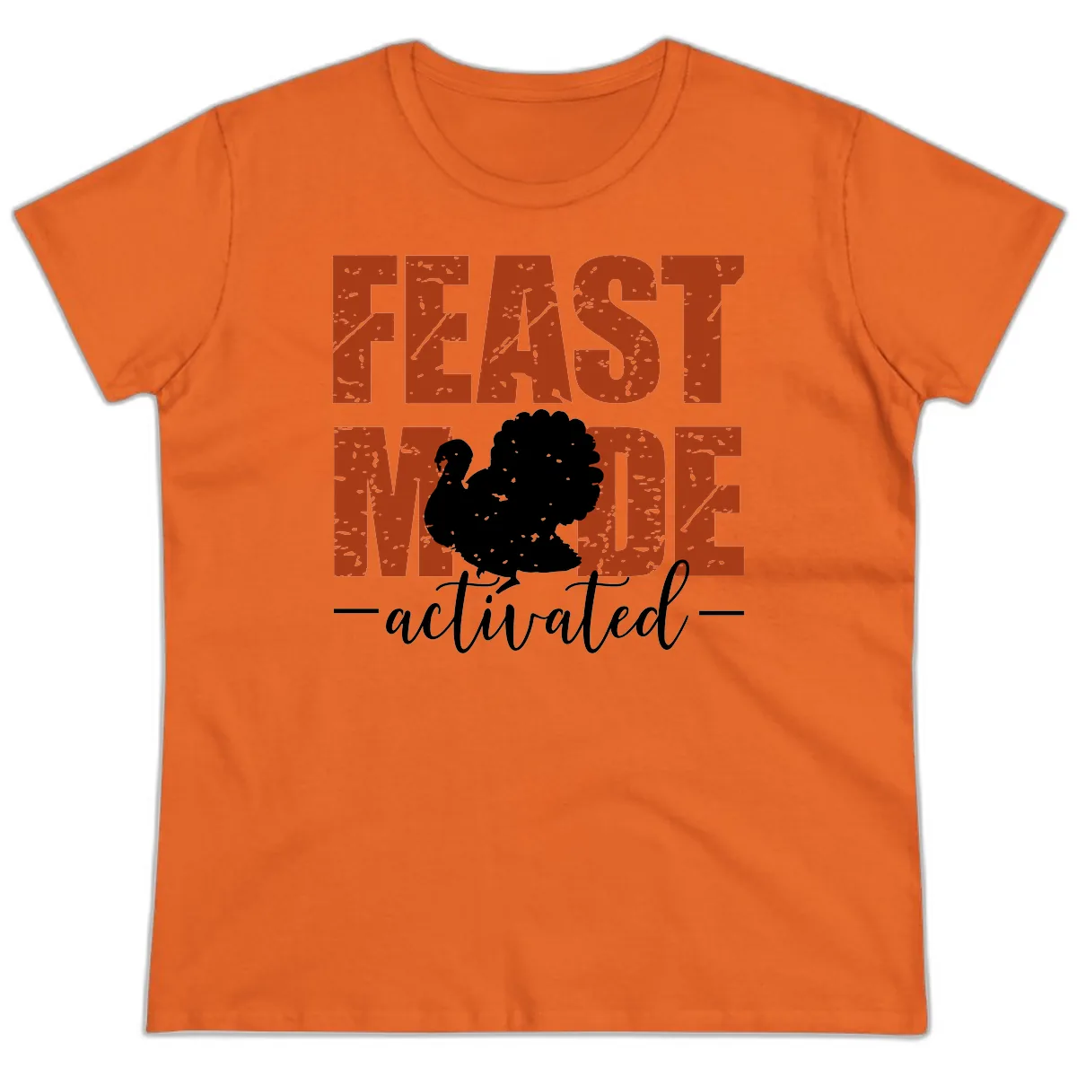 Feast Mode Activated Turkey Design Ladies Tee in Orange